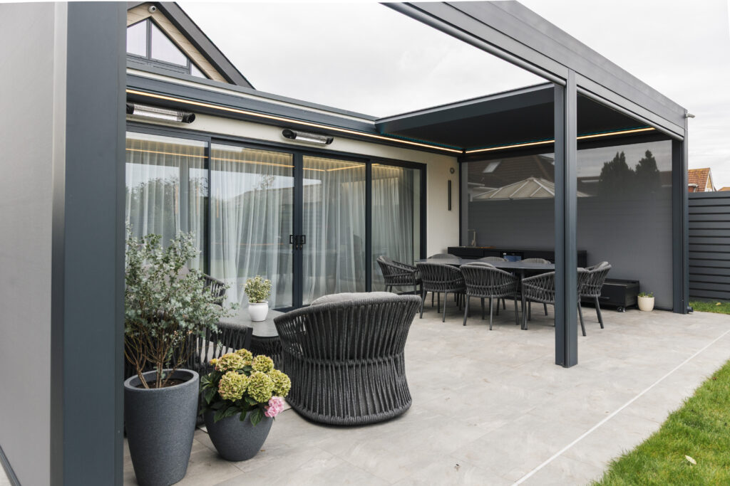 Modern minimalist bioclimatic pergola installation by Violux