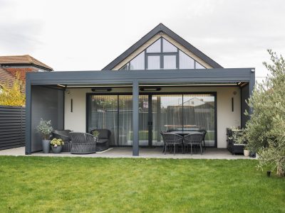 Bioclimatic Retractable Pergola with Vertical Zip Blinds in RAL 7016 Anthracite, London Residential Garden Project