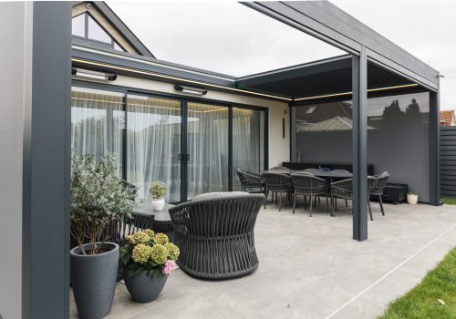 Modern minimalist bioclimatic pergola installation by Violux
