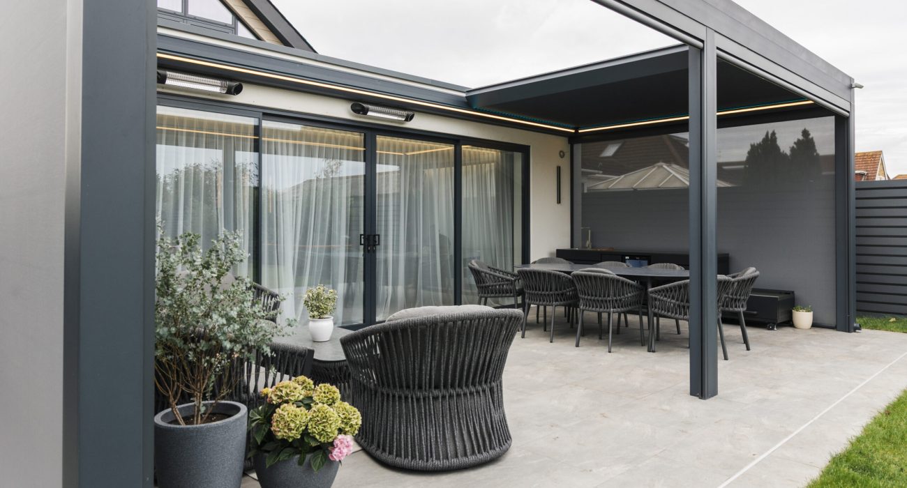 Modern minimalist bioclimatic pergola installation by Violux